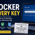 BitLocker recovery key security concept showing a laptop screen requesting a 48-digit recovery key, with encryption icons, padlock symbol, and data protection visuals on a modern dark tech background