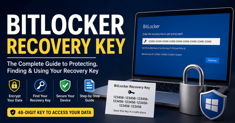 BitLocker recovery key security concept showing a laptop screen requesting a 48-digit recovery key, with encryption icons, padlock symbol, and data protection visuals on a modern dark tech background