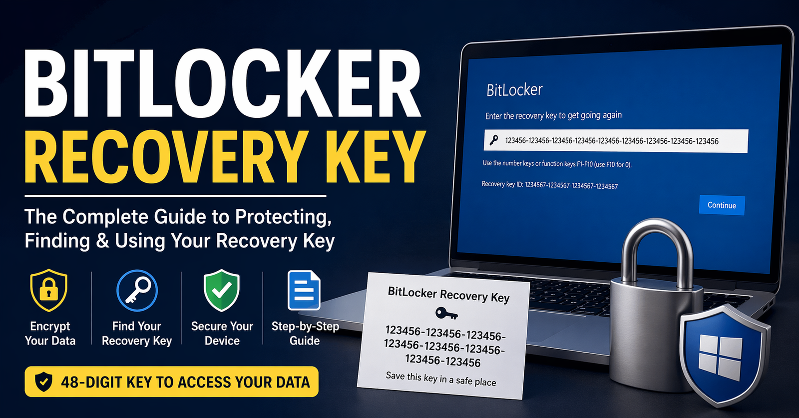 BitLocker recovery key security concept showing a laptop screen requesting a 48-digit recovery key, with encryption icons, padlock symbol, and data protection visuals on a modern dark tech background