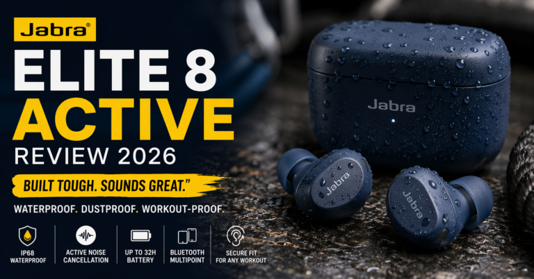 Jabra Elite 8 Active wireless earbuds and charging case with water droplets, highlighting waterproof, durable design and workout-ready performance on a dark background
