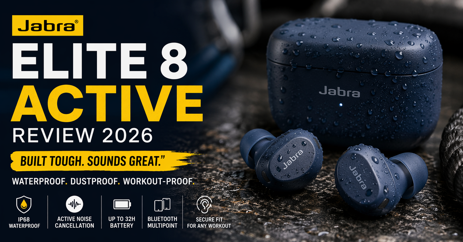 Jabra Elite 8 Active wireless earbuds and charging case with water droplets, highlighting waterproof, durable design and workout-ready performance on a dark background