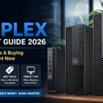 Dell OptiPlex desktop lineup featured in a modern office setting with bold text highlighting “Smart Guide 2026,” showcasing different form factors (micro, SFF, tower) and key buying features like SSD, RAM, and best value configurations.
