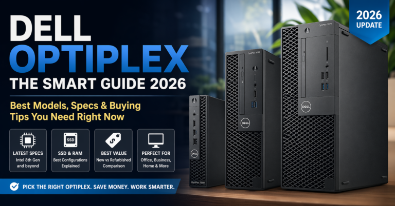 Dell OptiPlex desktop lineup featured in a modern office setting with bold text highlighting “Smart Guide 2026,” showcasing different form factors (micro, SFF, tower) and key buying features like SSD, RAM, and best value configurations.
