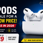 Apple AirPods on sale for a record-low price promotional banner showing AirPods Pro with charging case and discount offer for 2026