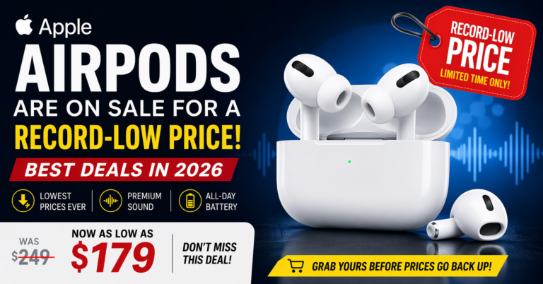 Apple AirPods on sale for a record-low price promotional banner showing AirPods Pro with charging case and discount offer for 2026