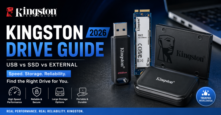 Kingston drive guide 2026 banner featuring USB flash drive, NVMe SSD, and external SSD with focus on speed, storage, and reliability