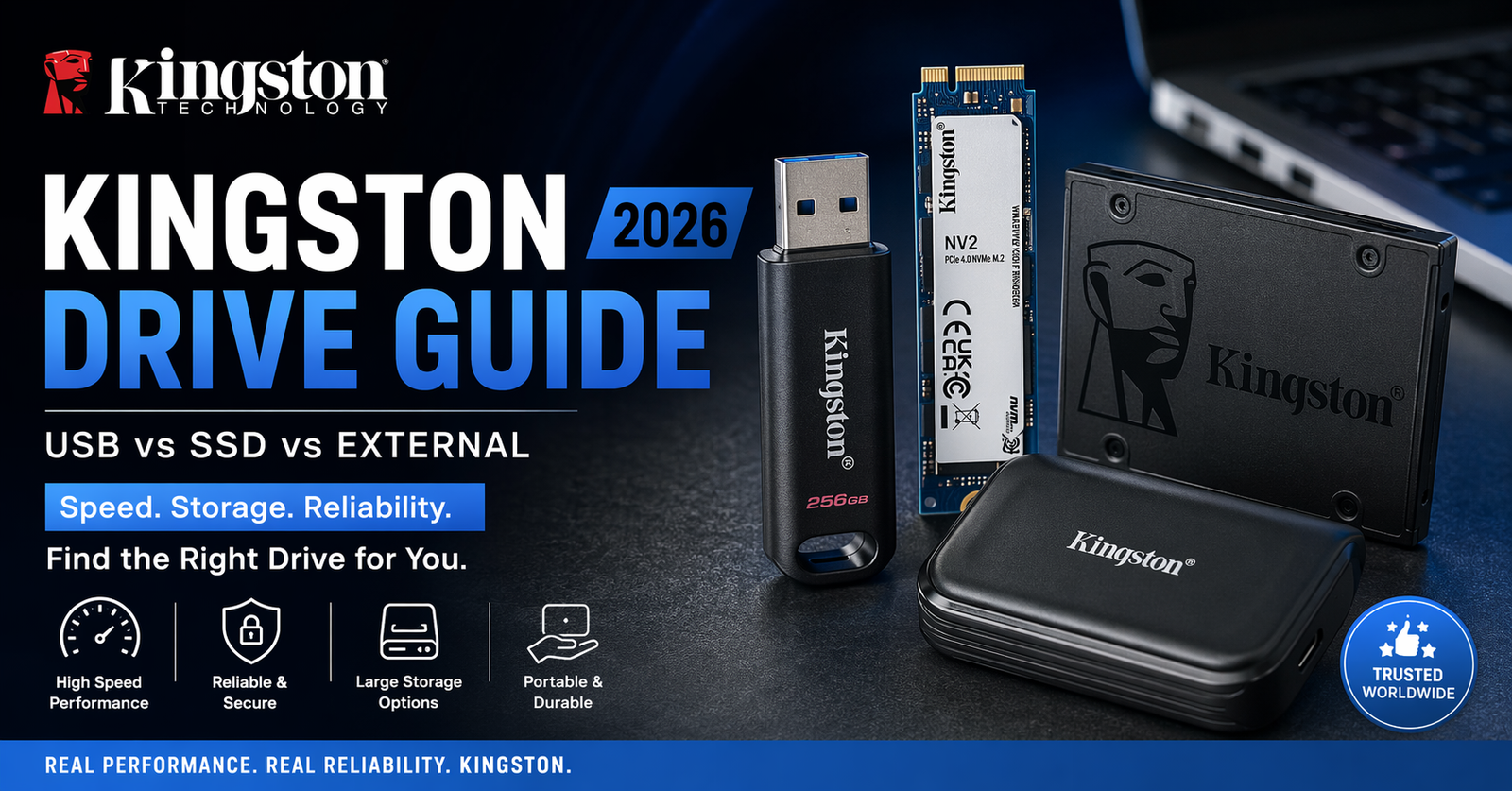 Kingston drive guide 2026 banner featuring USB flash drive, NVMe SSD, and external SSD with focus on speed, storage, and reliability