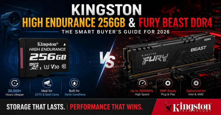 Kingston High Endurance 256GB microSD card vs Kingston Fury Beast DDR4 RAM comparison banner showing storage durability and high-performance memory features for 2026 buyers guide