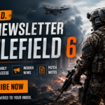 Cinematic Battlefield 6 themed banner showing a heavily armed soldier overlooking a war-torn city with explosions and jets in the sky, featuring bold text “Intel Newsletter Battlefield 6” and a call-to-action “Subscribe Now” for exclusive updates, early access, insider news, and patch notes.