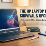 HP Laptop 15s-du0xxx on a wooden desk with RAM and tools for an upgrade guide.