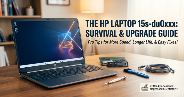 HP Laptop 15s-du0xxx on a wooden desk with RAM and tools for an upgrade guide.