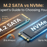 A sleek comparison graphic of two M.2 SSDs. On the left, an M.2 SATA drive labeled with "6 Gb/s" and "B & M keys." On the right, a faster NVMe drive glowing with blue energy, labeled "Up to 14,000 MB/s." The title reads "M.2 SATA vs NVMe: The Expert's Guide to Choosing Your SSD."