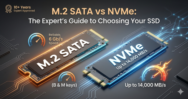 A sleek comparison graphic of two M.2 SSDs. On the left, an M.2 SATA drive labeled with "6 Gb/s" and "B & M keys." On the right, a faster NVMe drive glowing with blue energy, labeled "Up to 14,000 MB/s." The title reads "M.2 SATA vs NVMe: The Expert's Guide to Choosing Your SSD."