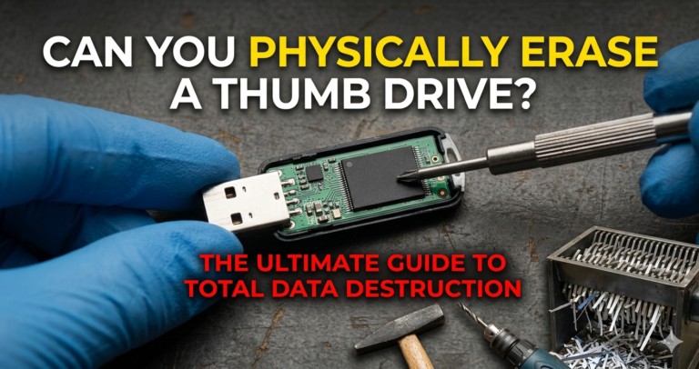 A person wearing blue protective gloves holding a disassembled USB thumb drive on a dark, textured workbench. A small precision screwdriver points toward the black NAND flash memory chip on the circuit board. In the background, a small hammer, a drill bit, and a mini-shredder with paper strips are visible. Bold text overlays the image: "CAN YOU PHYSICALLY ERASE A THUMB DRIVE? THE ULTIMATE GUIDE TO TOTAL DATA DESTRUCTION."