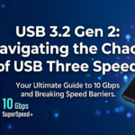 "A professional tech comparison graphic showing a standard blue 5 Gbps USB port alongside a high-speed red 10 Gbps USB 3.2 Gen 2 port, featuring a sleek external SSD and a premium USB-C cable on a blue circuit board background