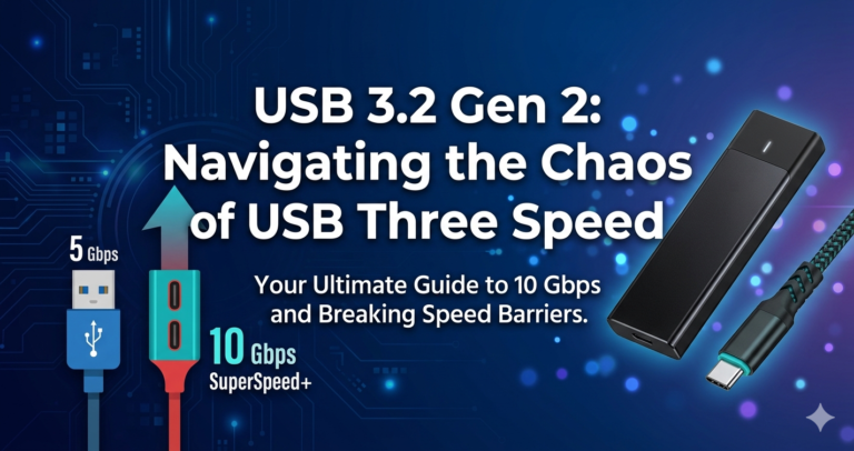 "A professional tech comparison graphic showing a standard blue 5 Gbps USB port alongside a high-speed red 10 Gbps USB 3.2 Gen 2 port, featuring a sleek external SSD and a premium USB-C cable on a blue circuit board background