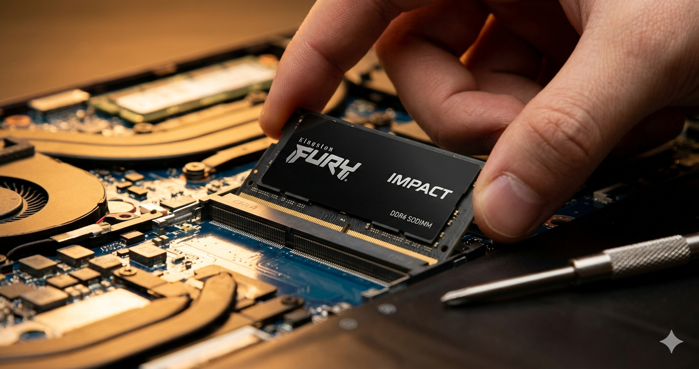 A close-up, high-angle shot of a person's hand carefully installing a black Kingston FURY Impact SODIMM RAM module into the memory slot of an open laptop motherboard, with a precision screwdriver resting nearby on a dark workspace.