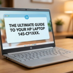 Silver HP Laptop 14s-cf1xxx on a wooden desk with "The Ultimate Guide" text on the screen.