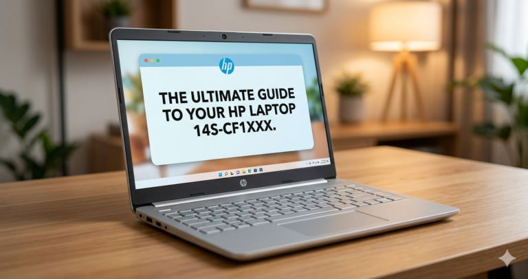 Silver HP Laptop 14s-cf1xxx on a wooden desk with "The Ultimate Guide" text on the screen.