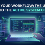 A futuristic laptop screen displaying a terminal and system monitoring data, with icons for gaming, web development, and system administration. The title reads "Master Your Workflow: The Ultimate Guide to the Active System Console."