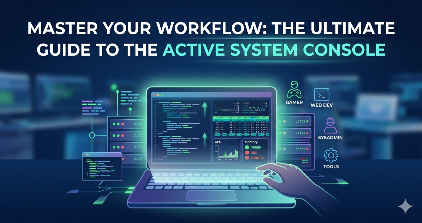 A futuristic laptop screen displaying a terminal and system monitoring data, with icons for gaming, web development, and system administration. The title reads "Master Your Workflow: The Ultimate Guide to the Active System Console."