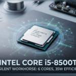 Intel Core i5-8500T processor on a circuit board with technical overlays and "Home Lab Approved" badge.