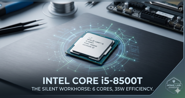 Intel Core i5-8500T processor on a circuit board with technical overlays and "Home Lab Approved" badge.