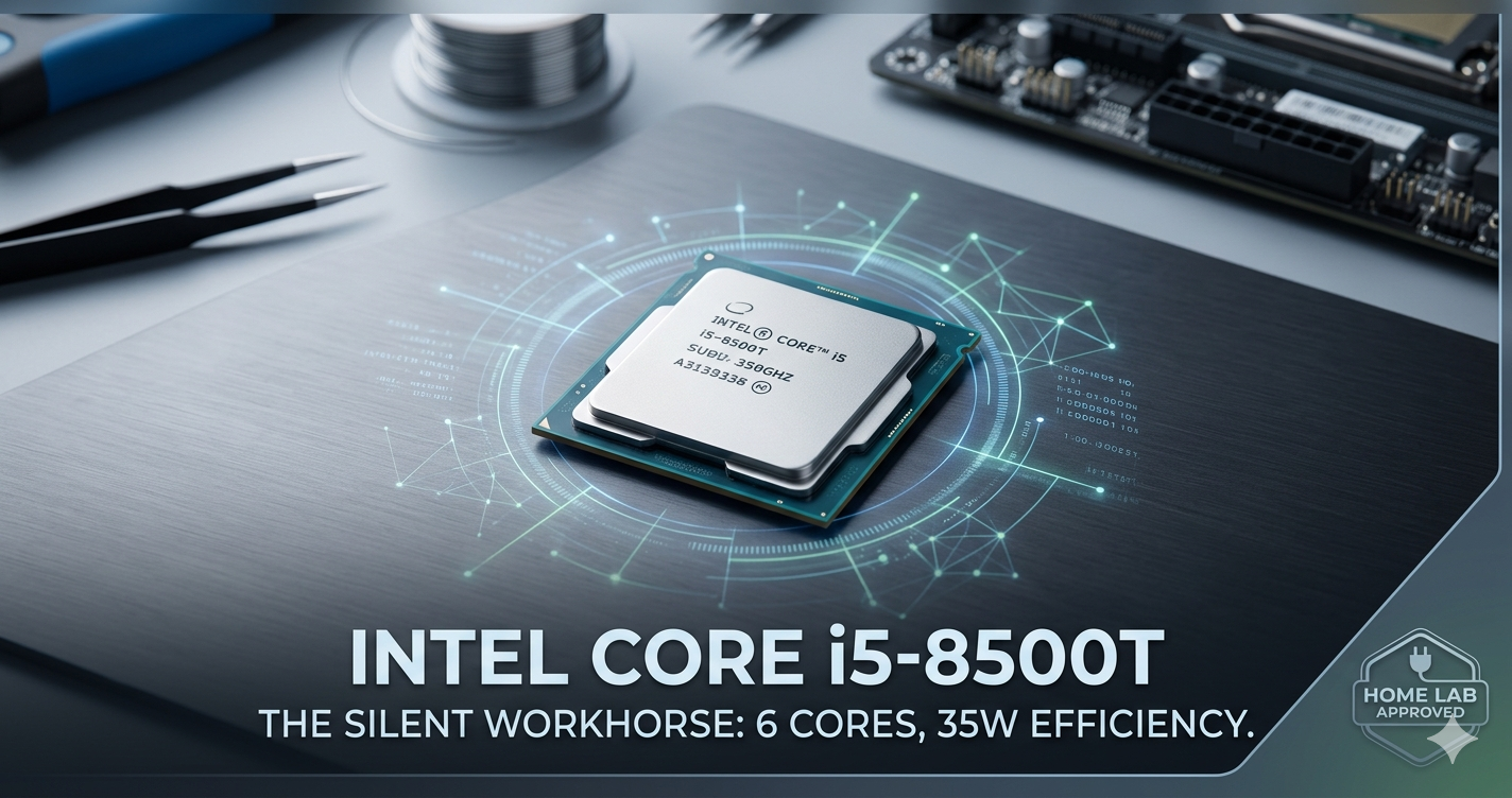 Intel Core i5-8500T processor on a circuit board with technical overlays and "Home Lab Approved" badge.