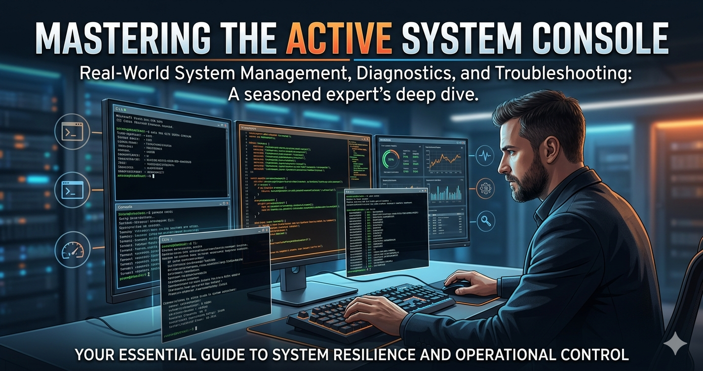 "Expert system administrator using an active system console to monitor real-time server code and diagnostics in a modern data center environment."