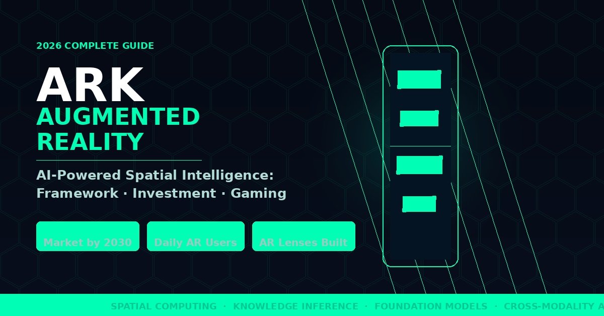 ARK Augmented Reality 2026 complete guide featuring an AI-powered spatial computing interface with AR wireframe overlays, hex-grid pattern, and key statistics including 1 trillion dollar market projection and 350 million daily AR users